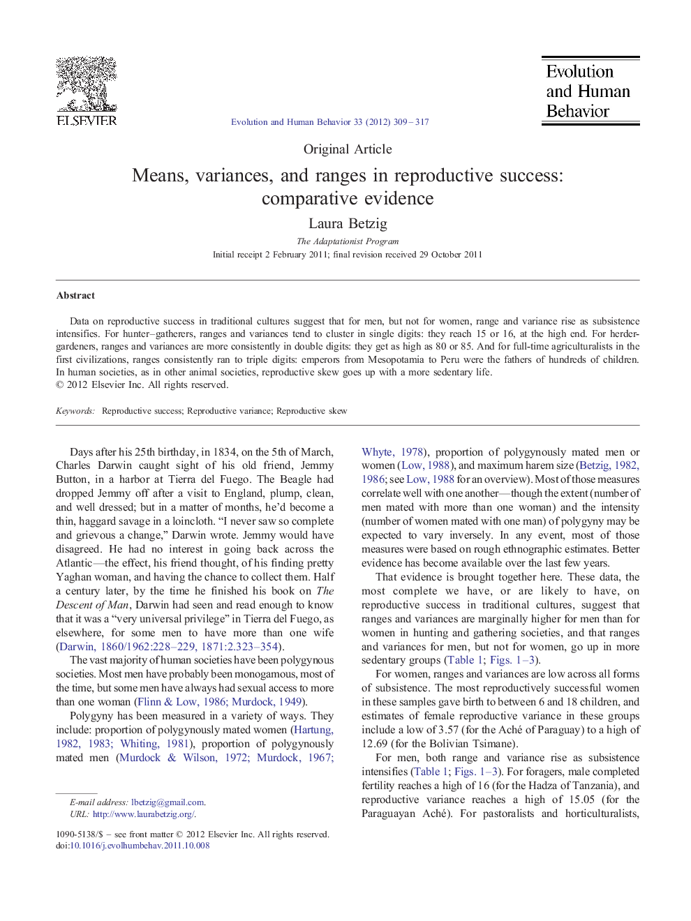 Means, variances, and ranges in reproductive success: comparative evidence