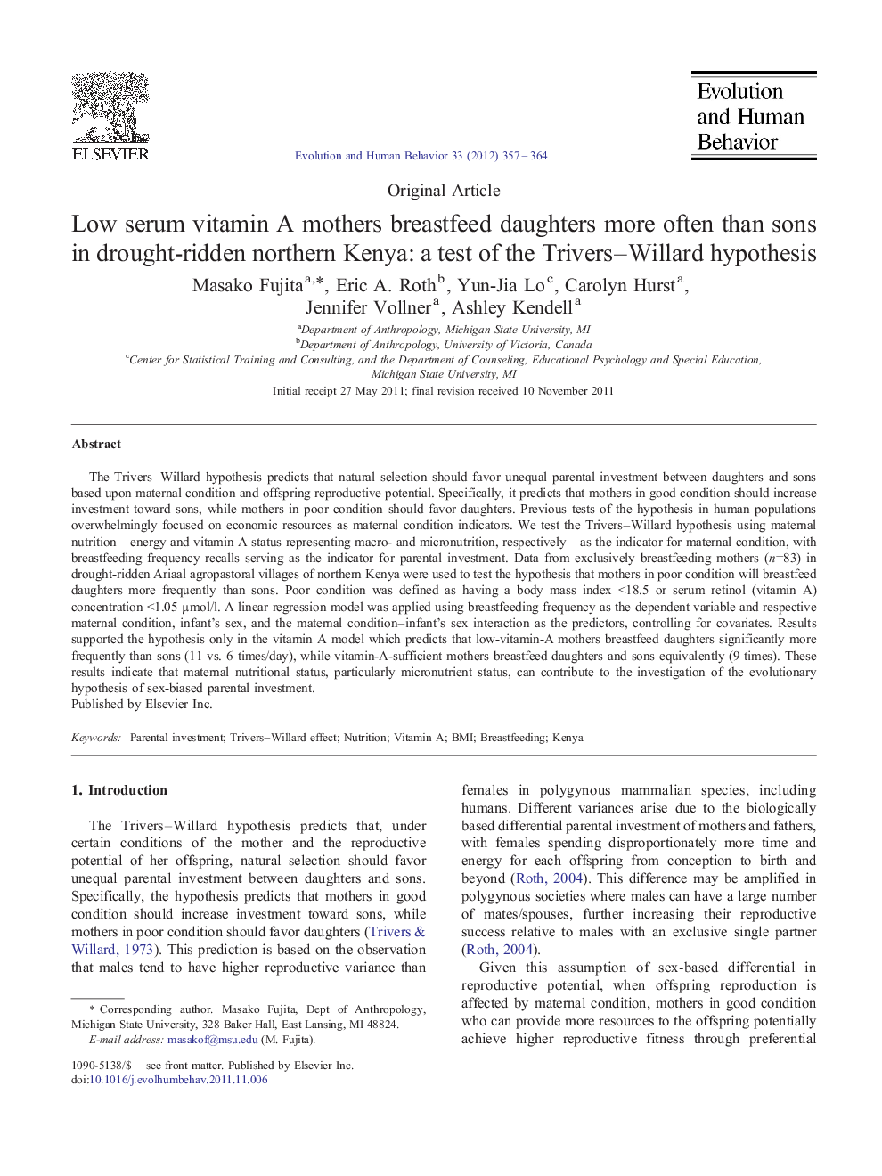 Low serum vitamin A mothers breastfeed daughters more often than sons in drought-ridden northern Kenya: a test of the Trivers–Willard hypothesis