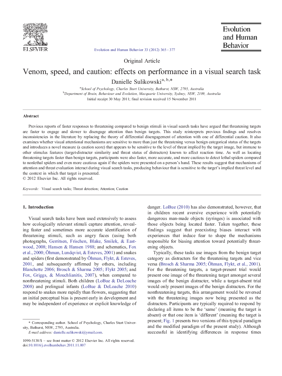 Venom, speed, and caution: effects on performance in a visual search task