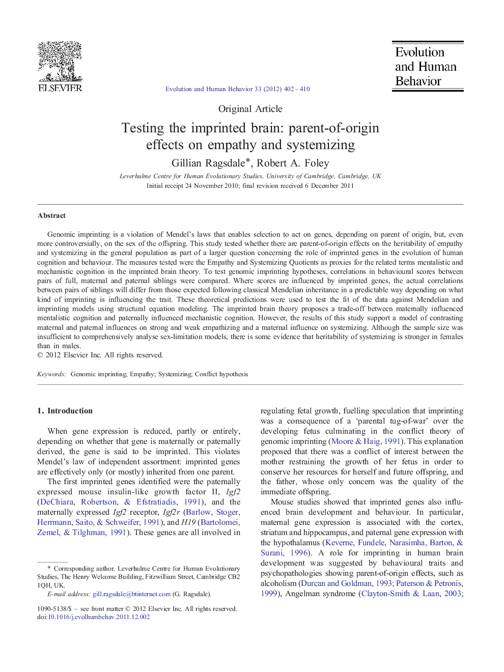 Testing the imprinted brain: parent-of-origin effects on empathy and systemizing