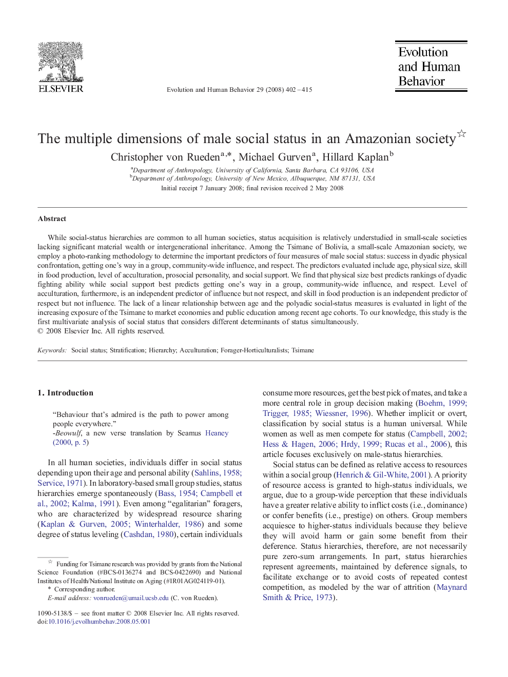 The multiple dimensions of male social status in an Amazonian society 