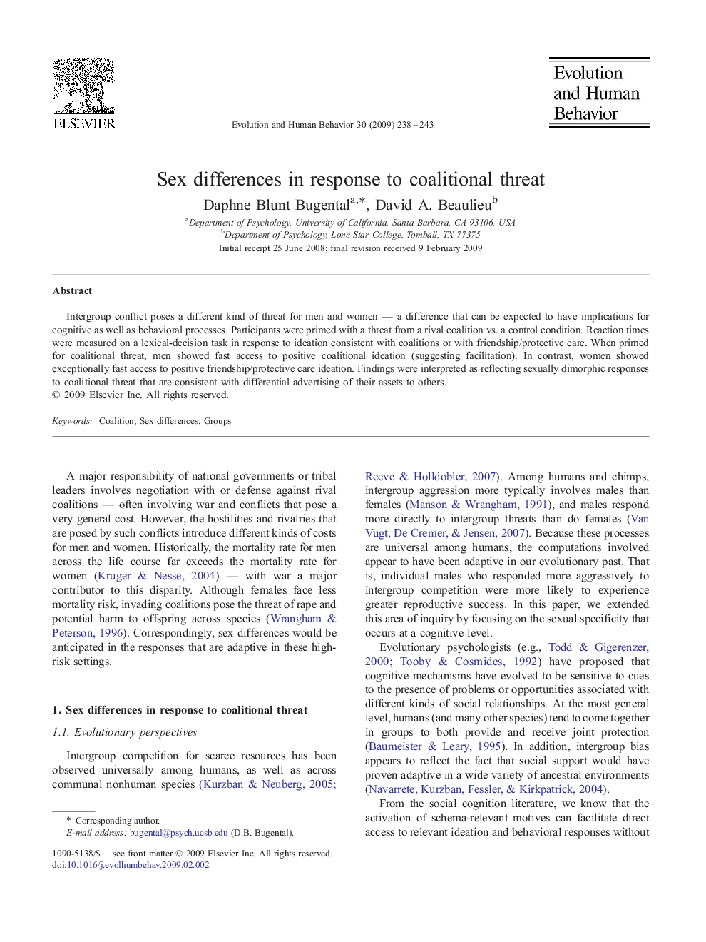 Sex differences in response to coalitional threat