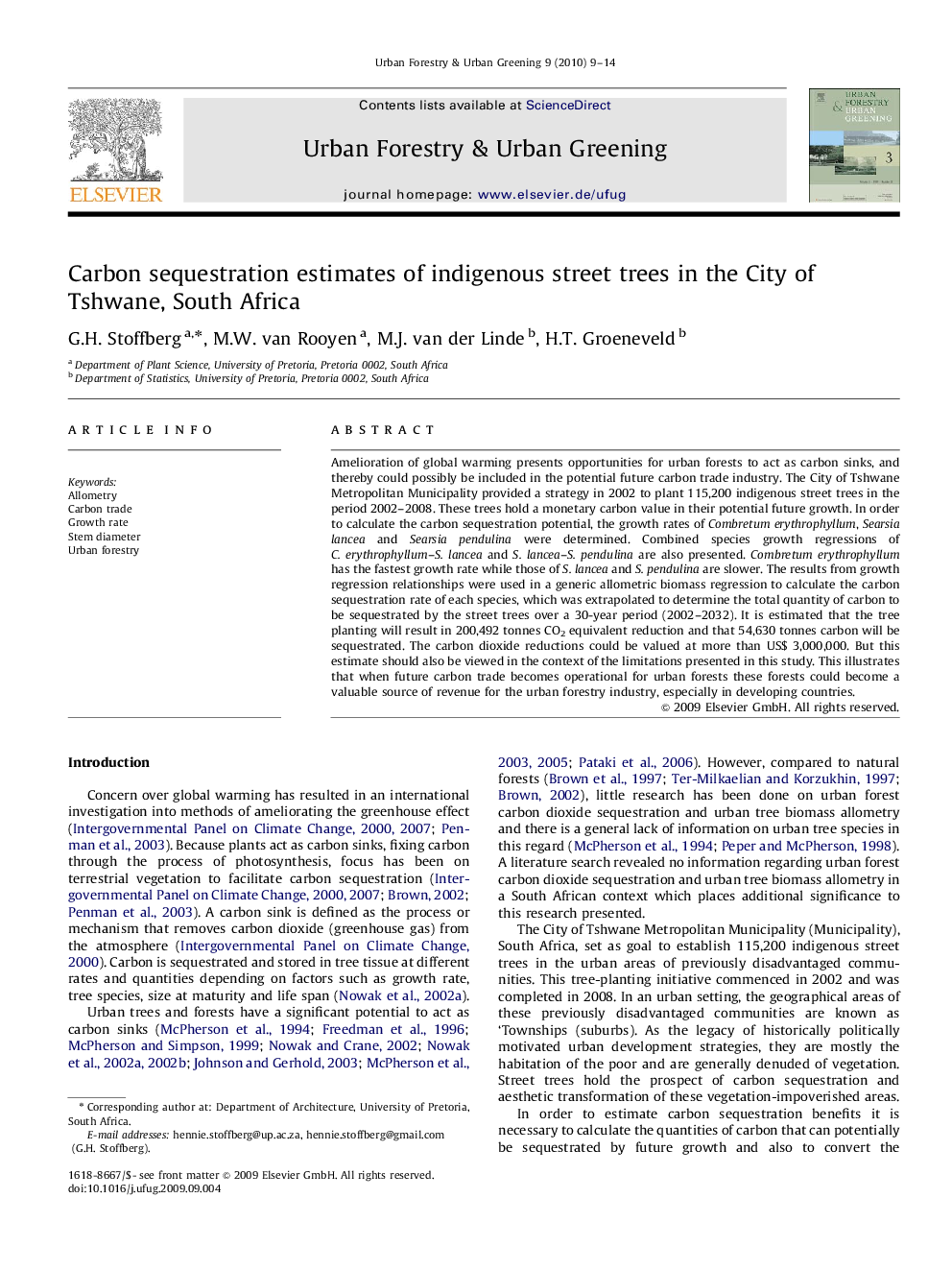 Carbon sequestration estimates of indigenous street trees in the City of Tshwane, South Africa