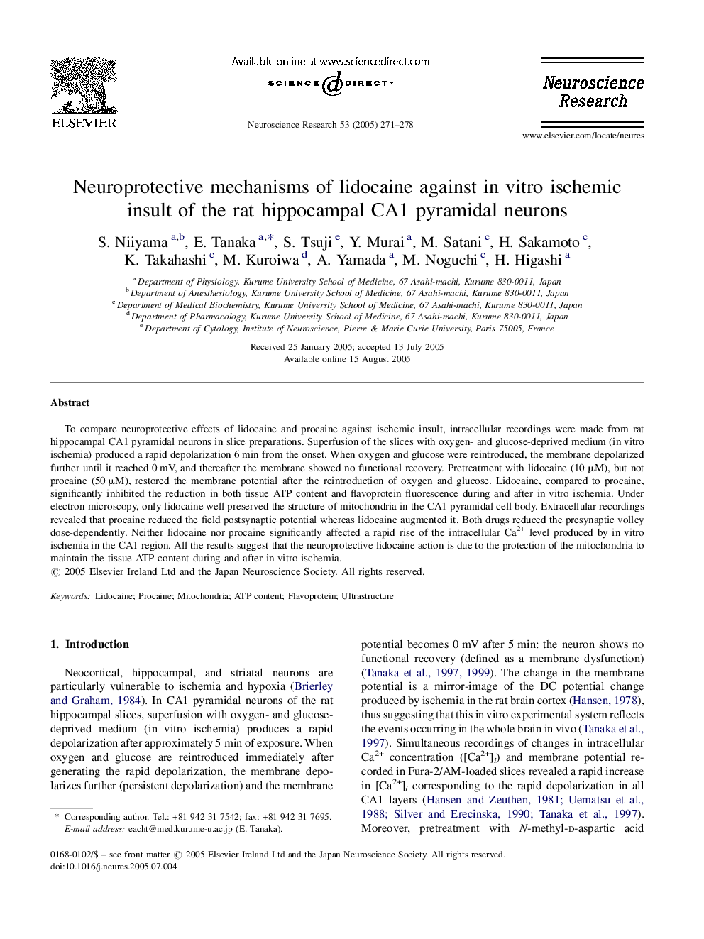 Neuroprotective mechanisms of lidocaine against in vitro ischemic insult of the rat hippocampal CA1 pyramidal neurons