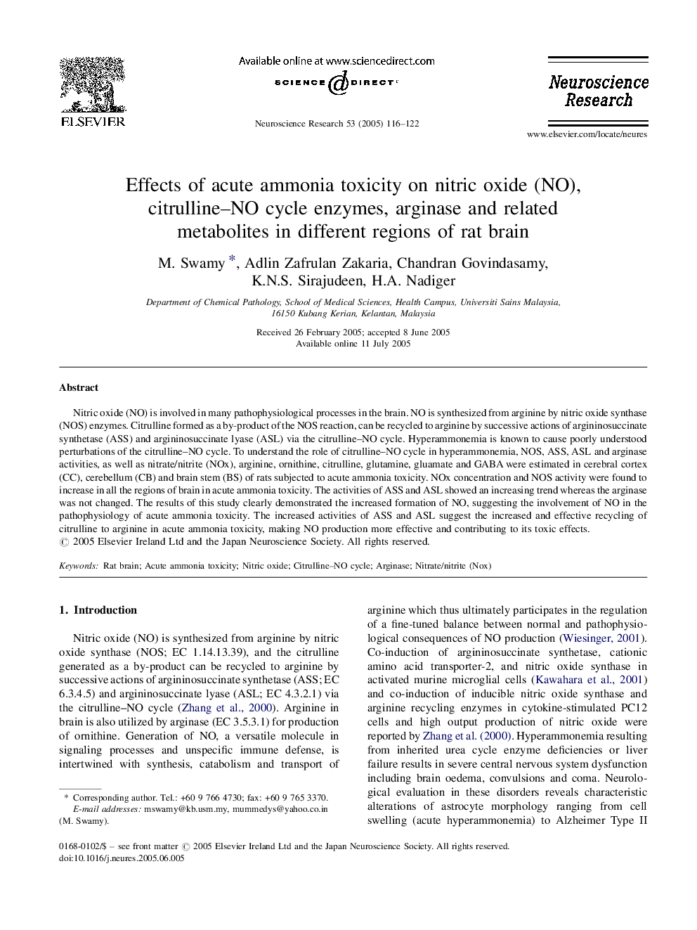 Effects of acute ammonia toxicity on nitric oxide (NO), citrulline-NO cycle enzymes, arginase and related metabolites in different regions of rat brain