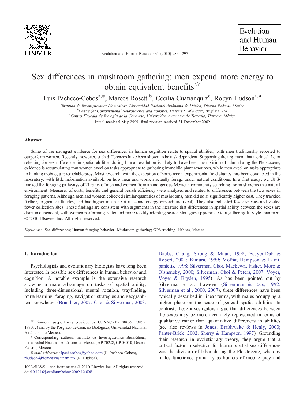 Sex differences in mushroom gathering: men expend more energy to obtain equivalent benefits 