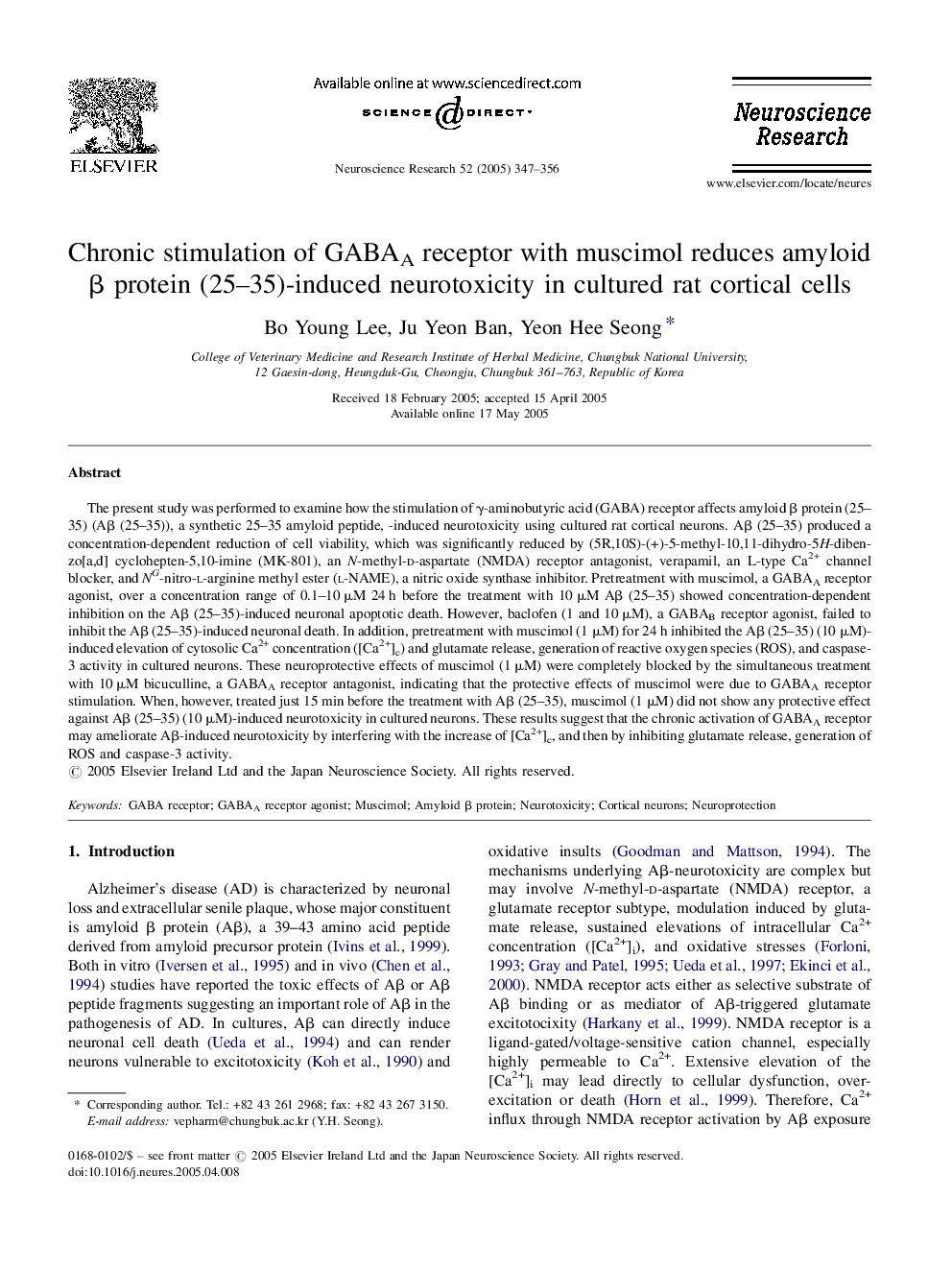 Chronic stimulation of GABAA receptor with muscimol reduces amyloid Î² protein (25-35)-induced neurotoxicity in cultured rat cortical cells