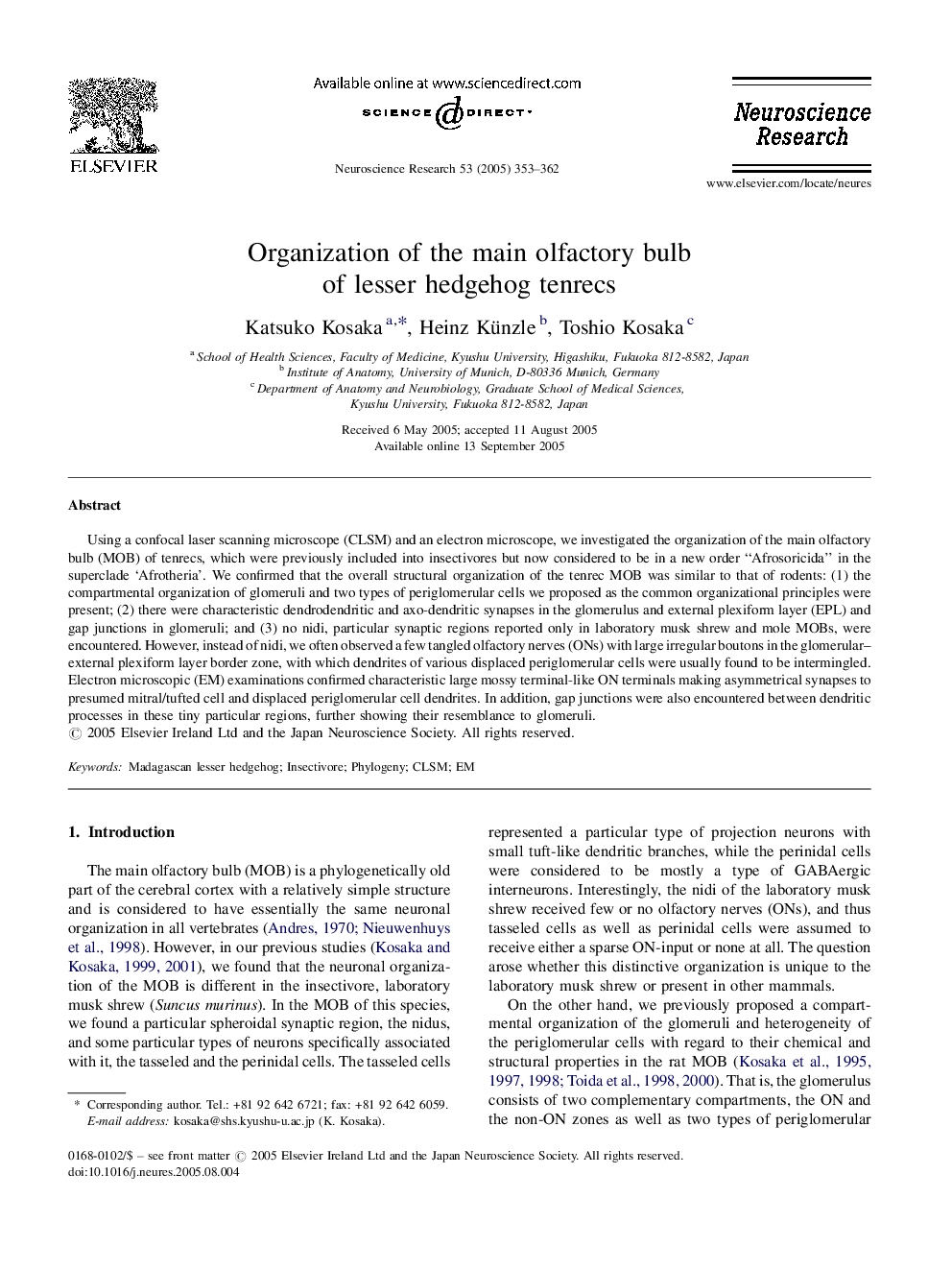 Organization of the main olfactory bulb of lesser hedgehog tenrecs