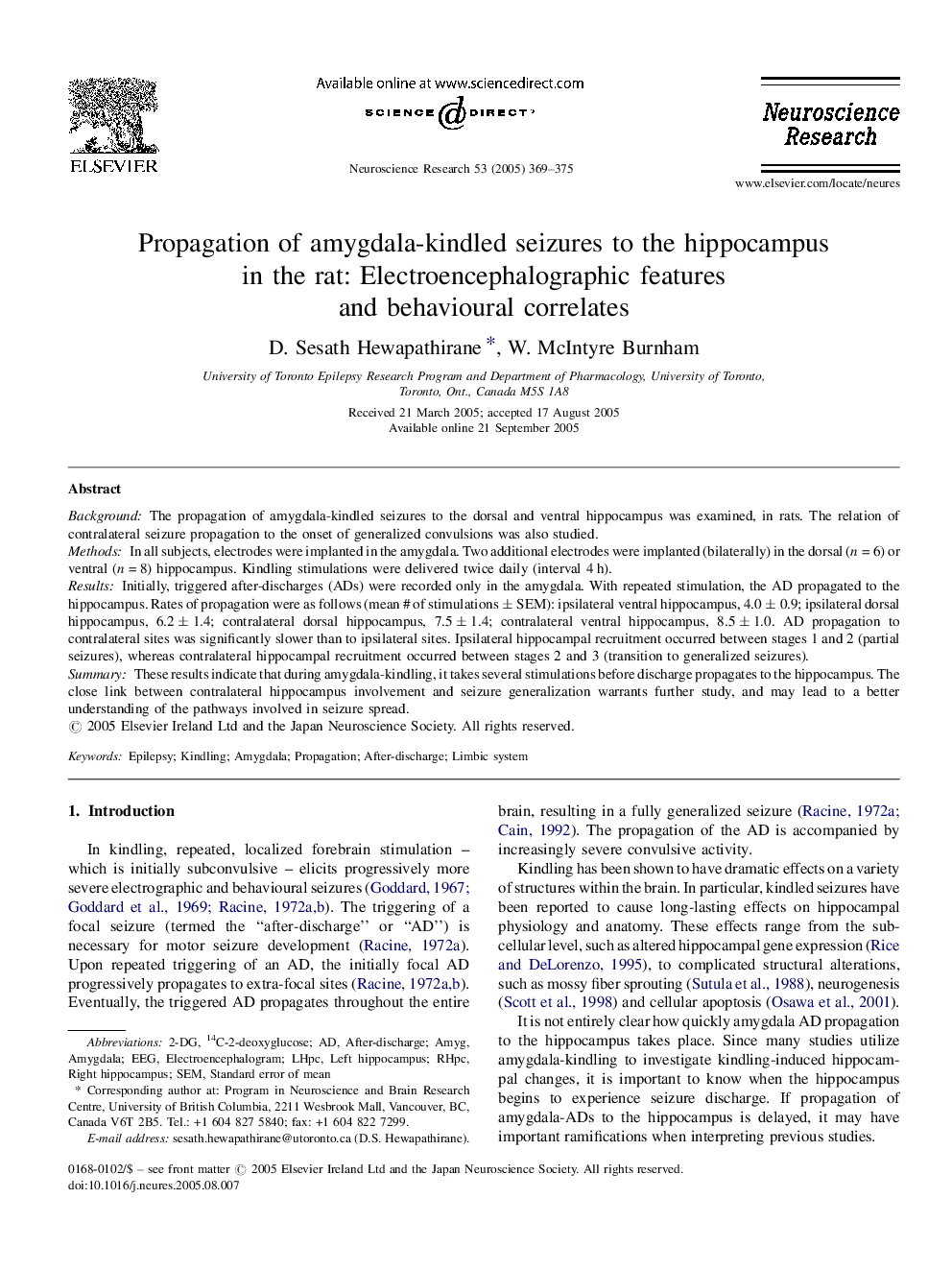 Propagation of amygdala-kindled seizures to the hippocampus in the rat: Electroencephalographic features and behavioural correlates