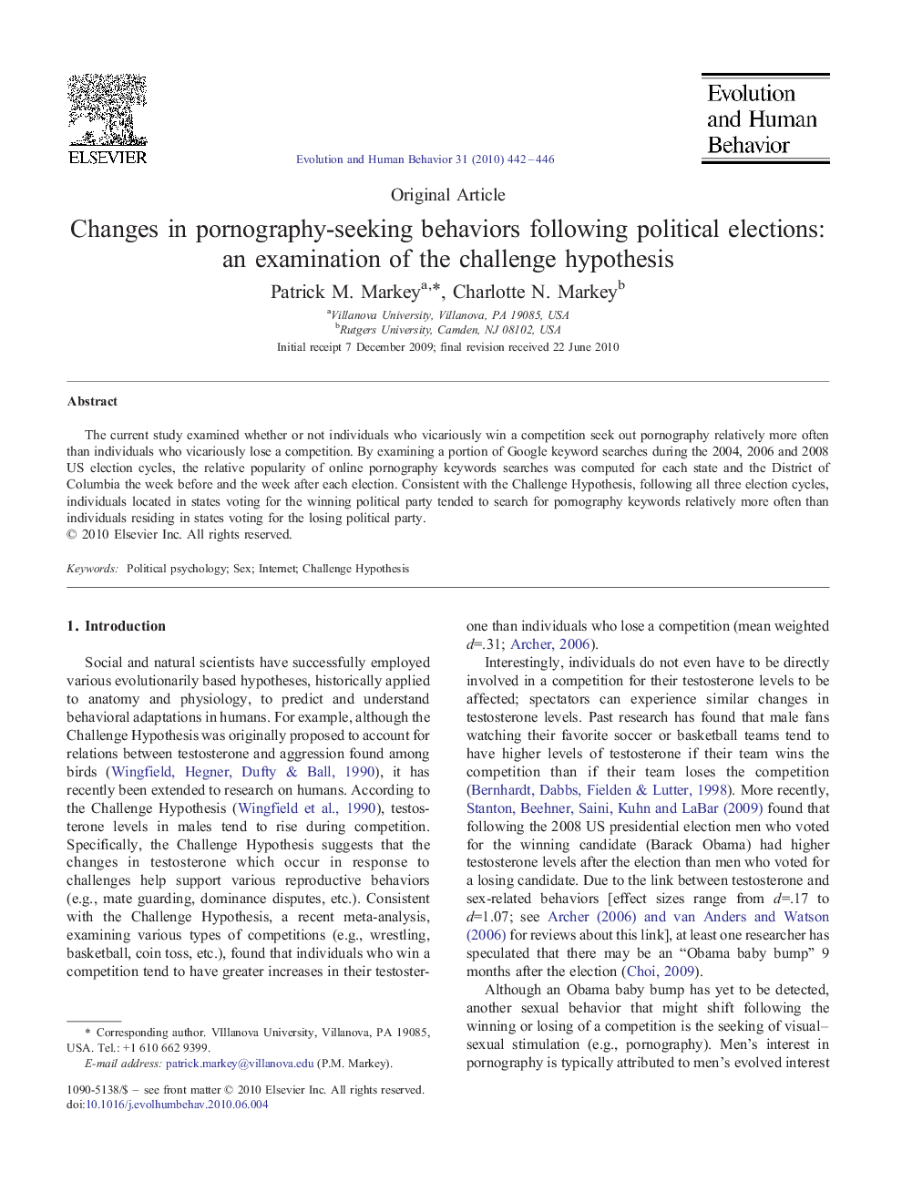 Changes in pornography-seeking behaviors following political elections: an examination of the challenge hypothesis