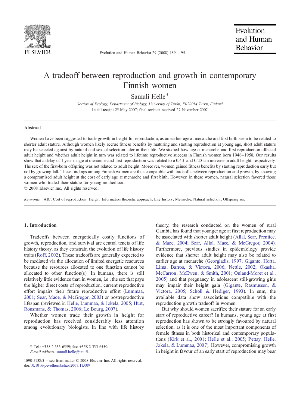 A tradeoff between reproduction and growth in contemporary Finnish women