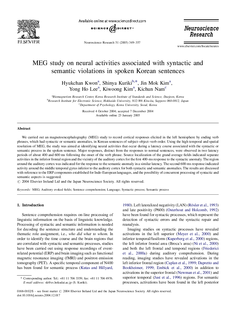 MEG study on neural activities associated with syntactic and semantic violations in spoken Korean sentences