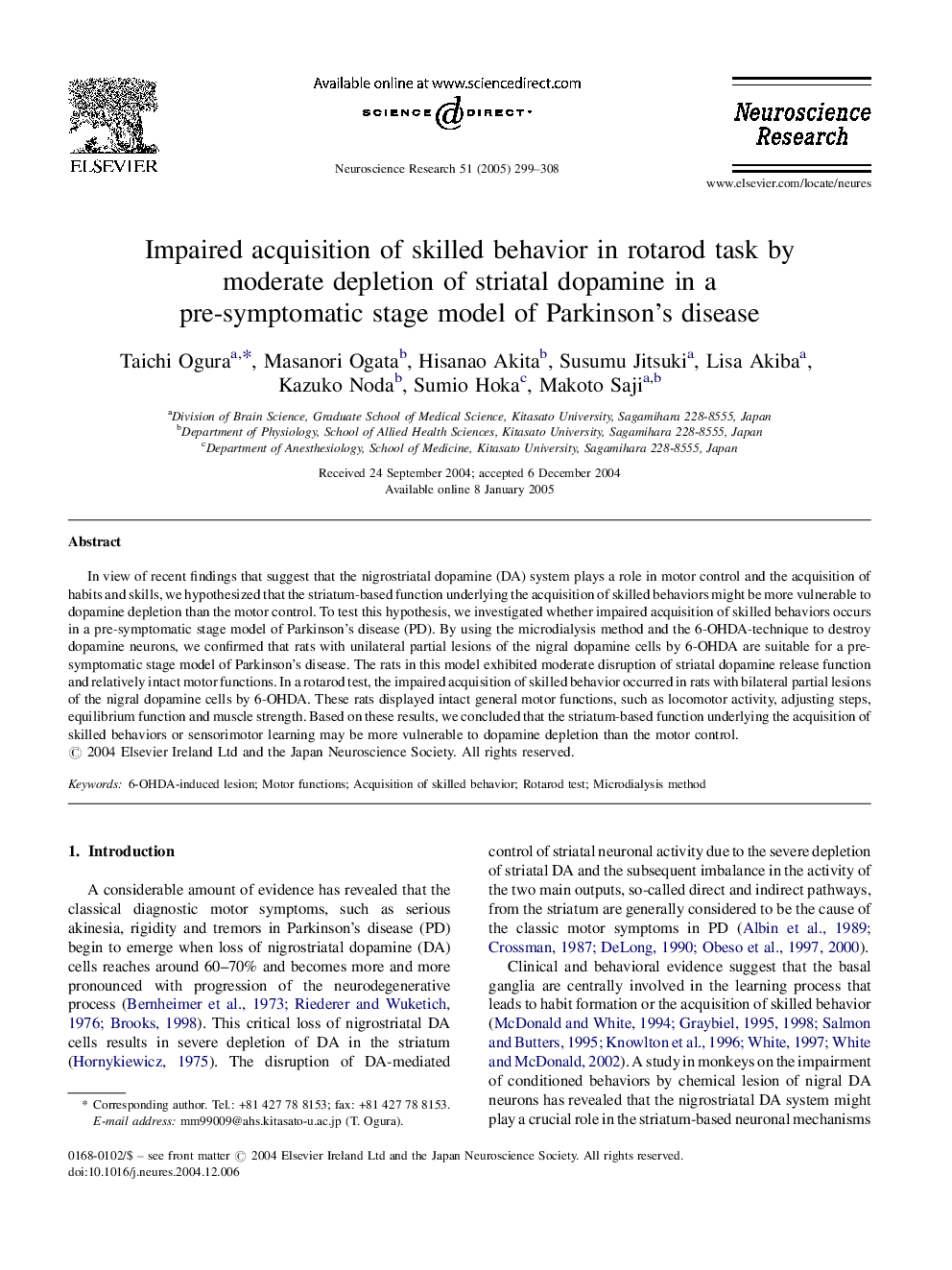 Impaired acquisition of skilled behavior in rotarod task by moderate depletion of striatal dopamine in a pre-symptomatic stage model of Parkinson's disease