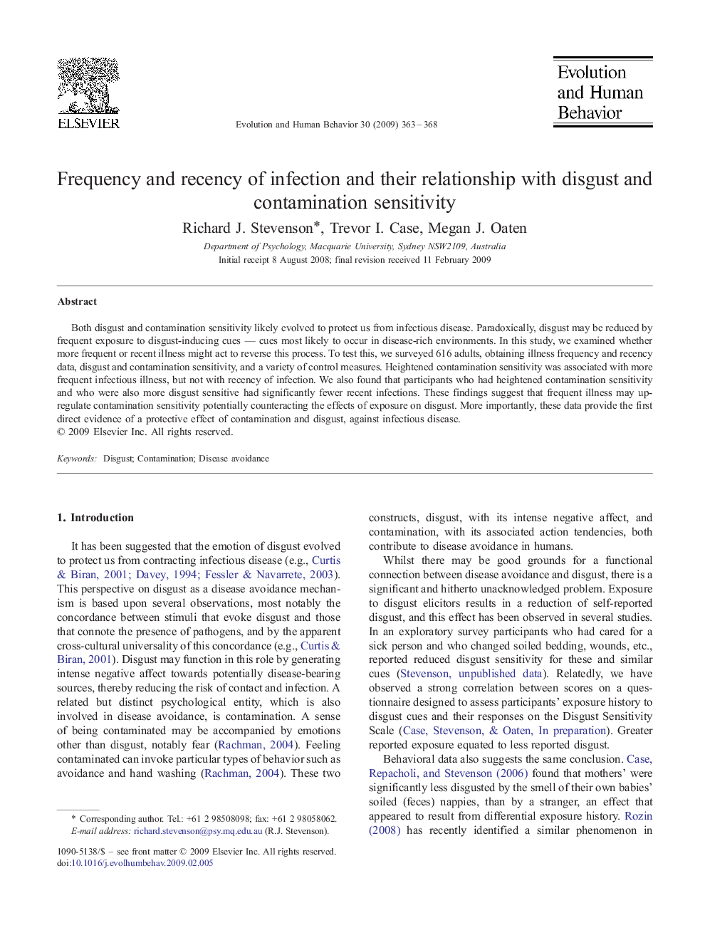 Frequency and recency of infection and their relationship with disgust and contamination sensitivity