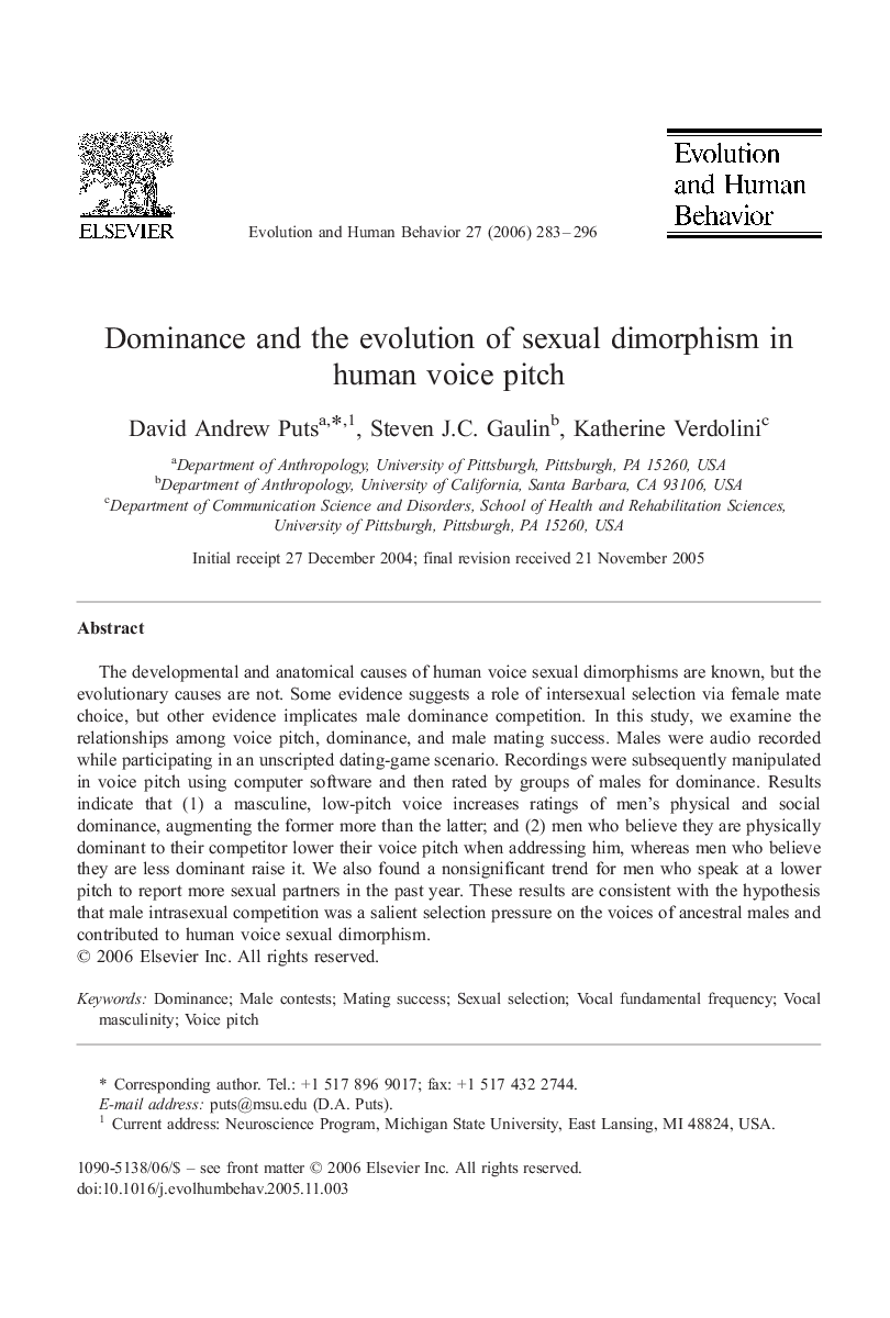 Dominance and the evolution of sexual dimorphism in human voice pitch