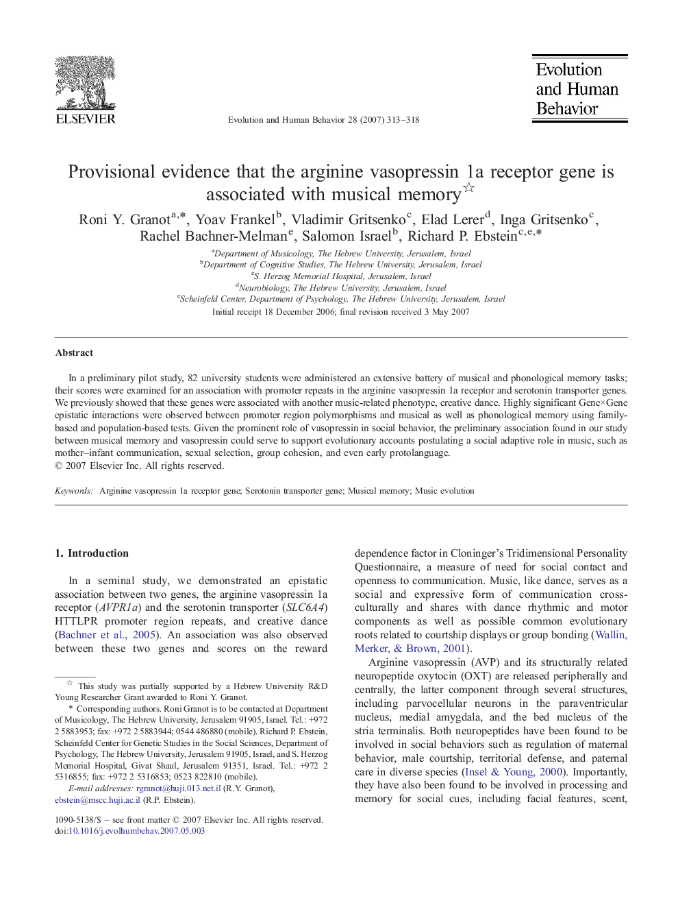 Provisional evidence that the arginine vasopressin 1a receptor gene is associated with musical memory 