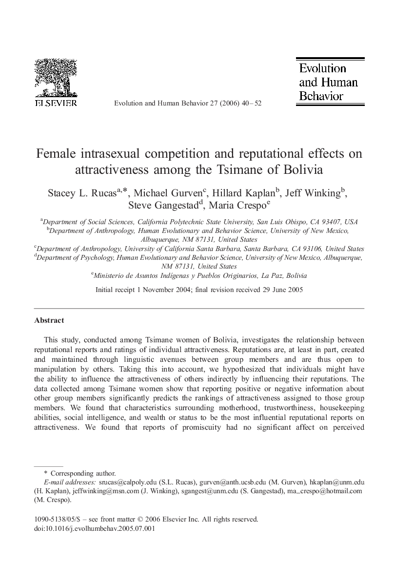 Female intrasexual competition and reputational effects on attractiveness among the Tsimane of Bolivia