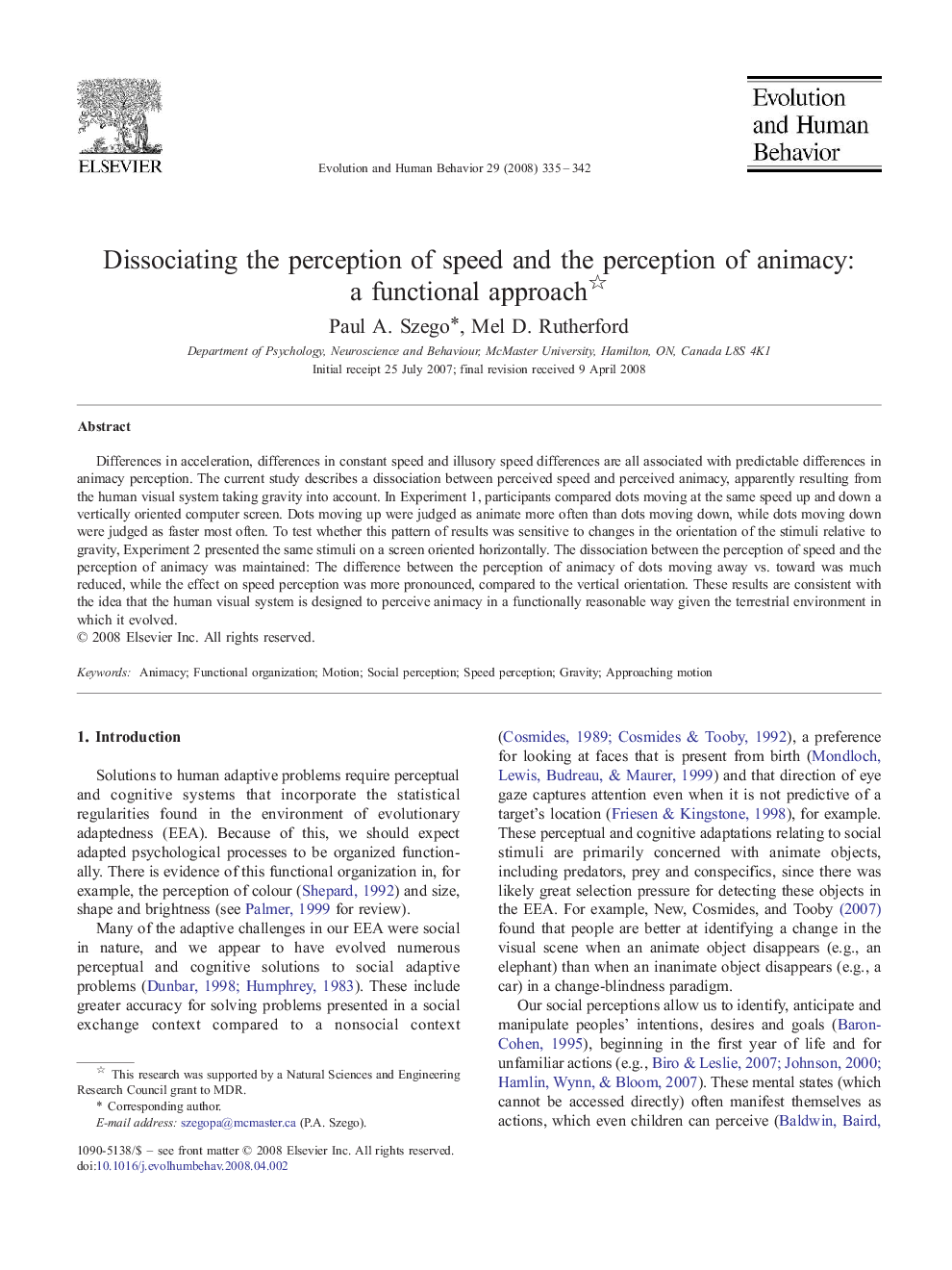 Dissociating the perception of speed and the perception of animacy: a functional approach 