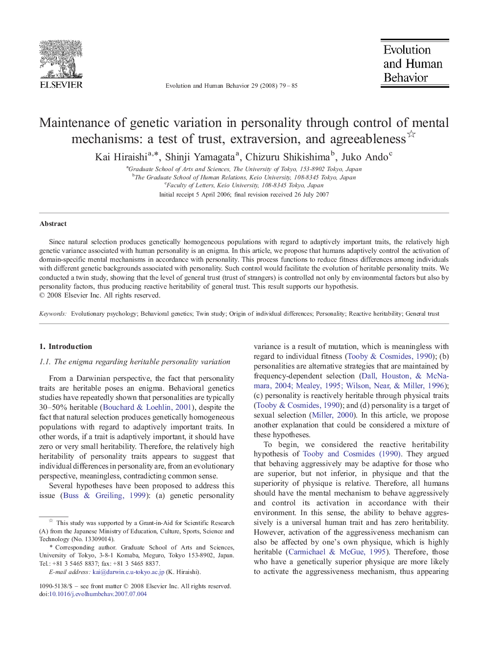 Maintenance of genetic variation in personality through control of mental mechanisms: a test of trust, extraversion, and agreeableness 