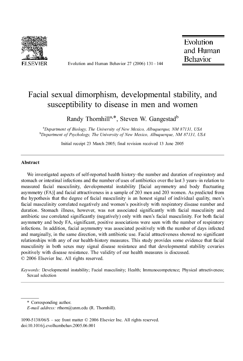 Facial sexual dimorphism, developmental stability, and susceptibility to disease in men and women