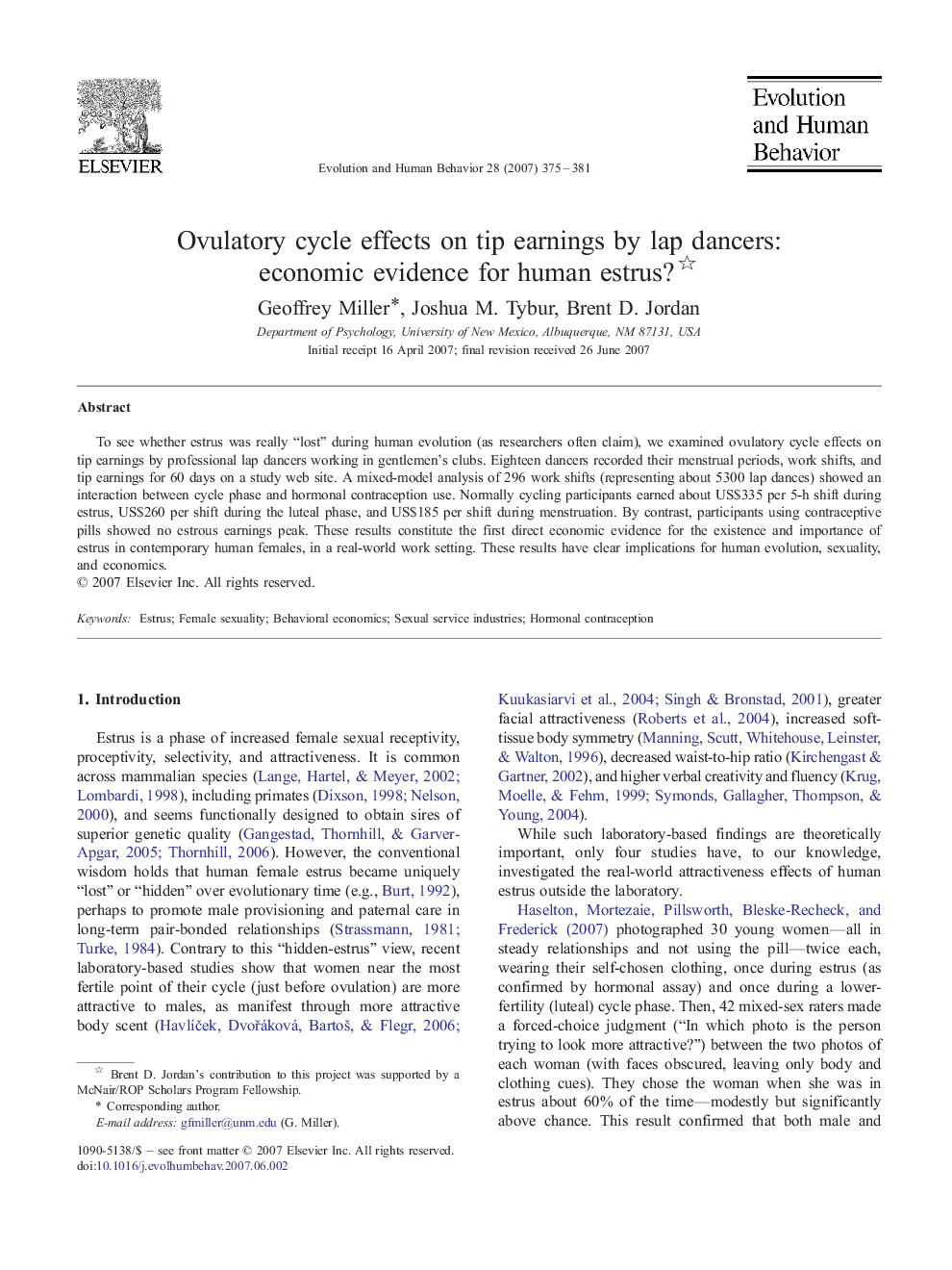 Ovulatory cycle effects on tip earnings by lap dancers: economic evidence for human estrus?