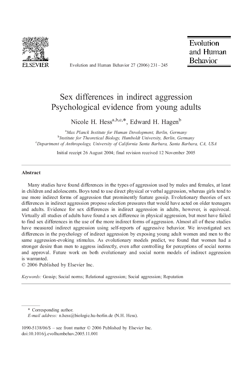 Sex differences in indirect aggression: Psychological evidence from young adults