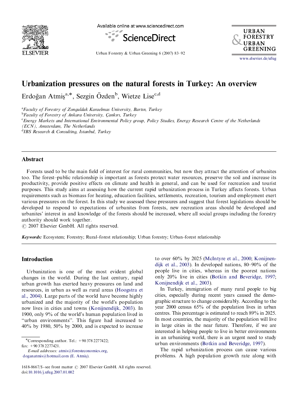 Urbanization pressures on the natural forests in Turkey: An overview