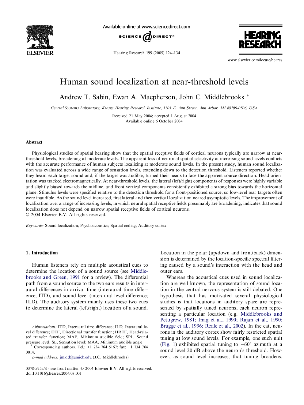 Human sound localization at near-threshold levels