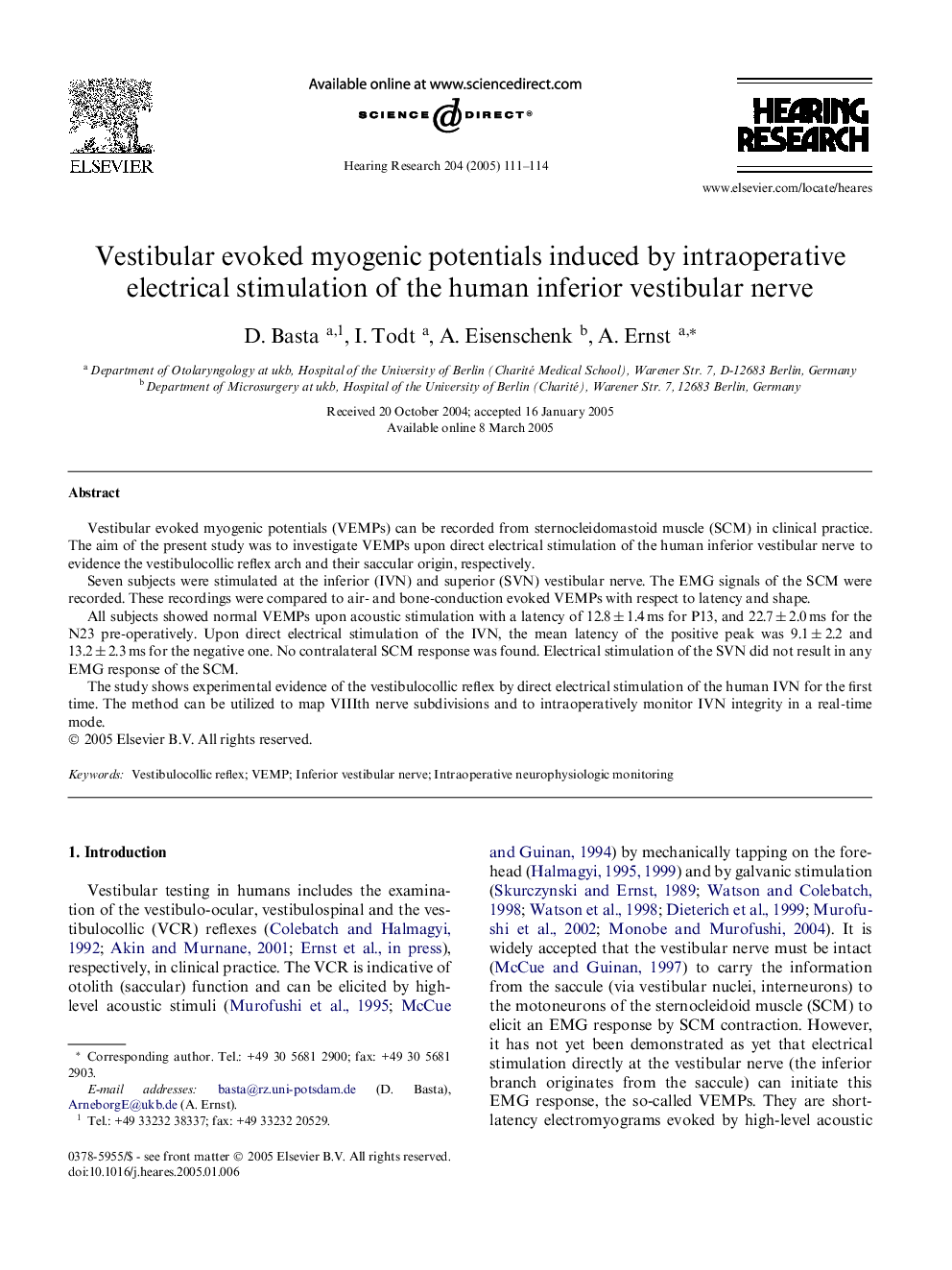 Vestibular evoked myogenic potentials induced by intraoperative electrical stimulation of the human inferior vestibular nerve