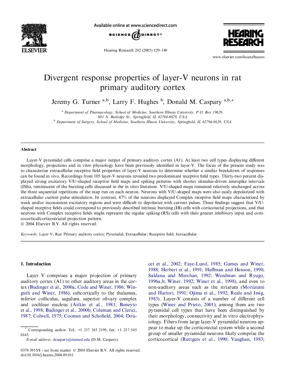 Divergent response properties of layer-V neurons in rat primary auditory cortex