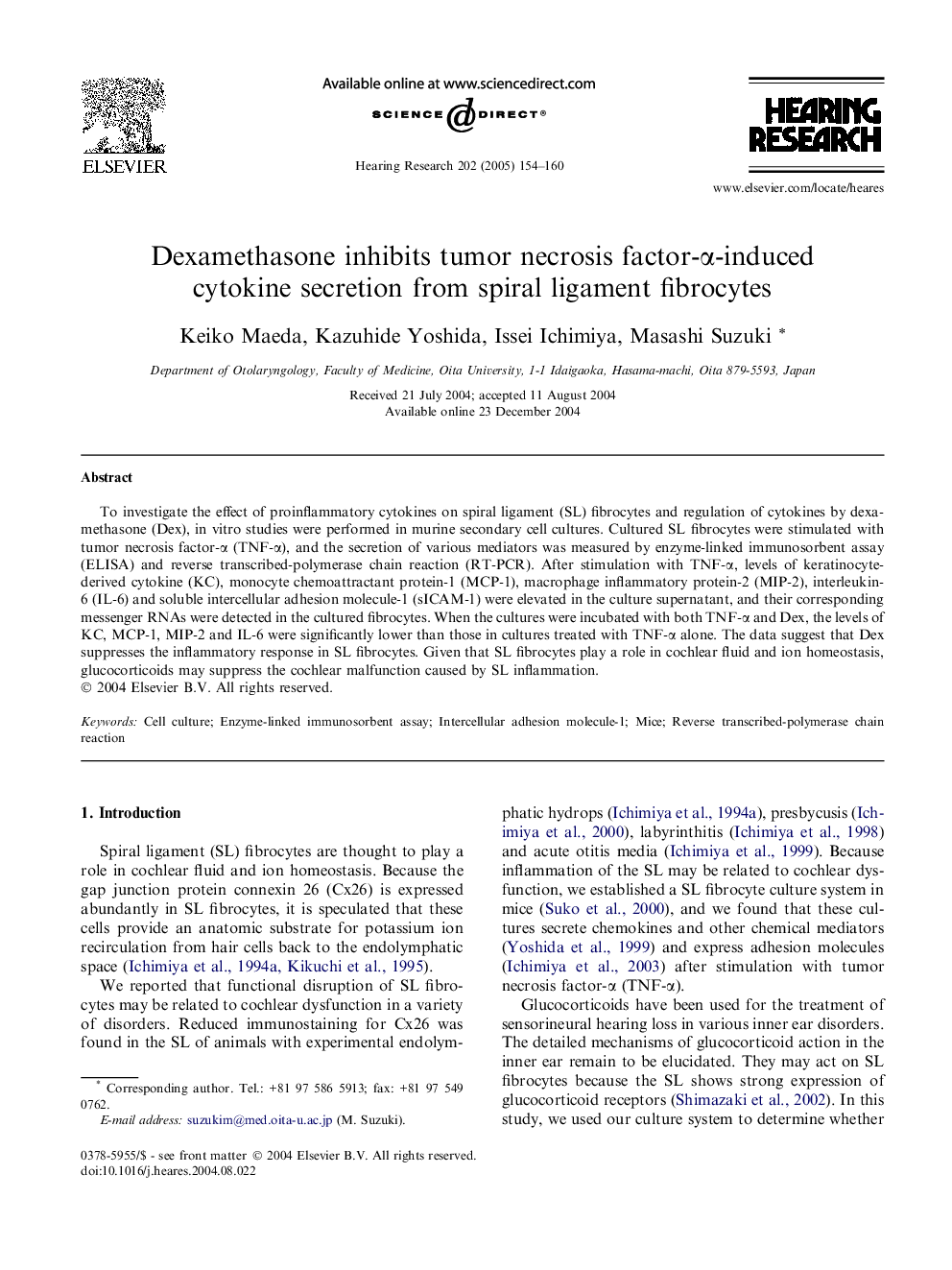 Dexamethasone inhibits tumor necrosis factor-Î±-induced cytokine secretion from spiral ligament fibrocytes