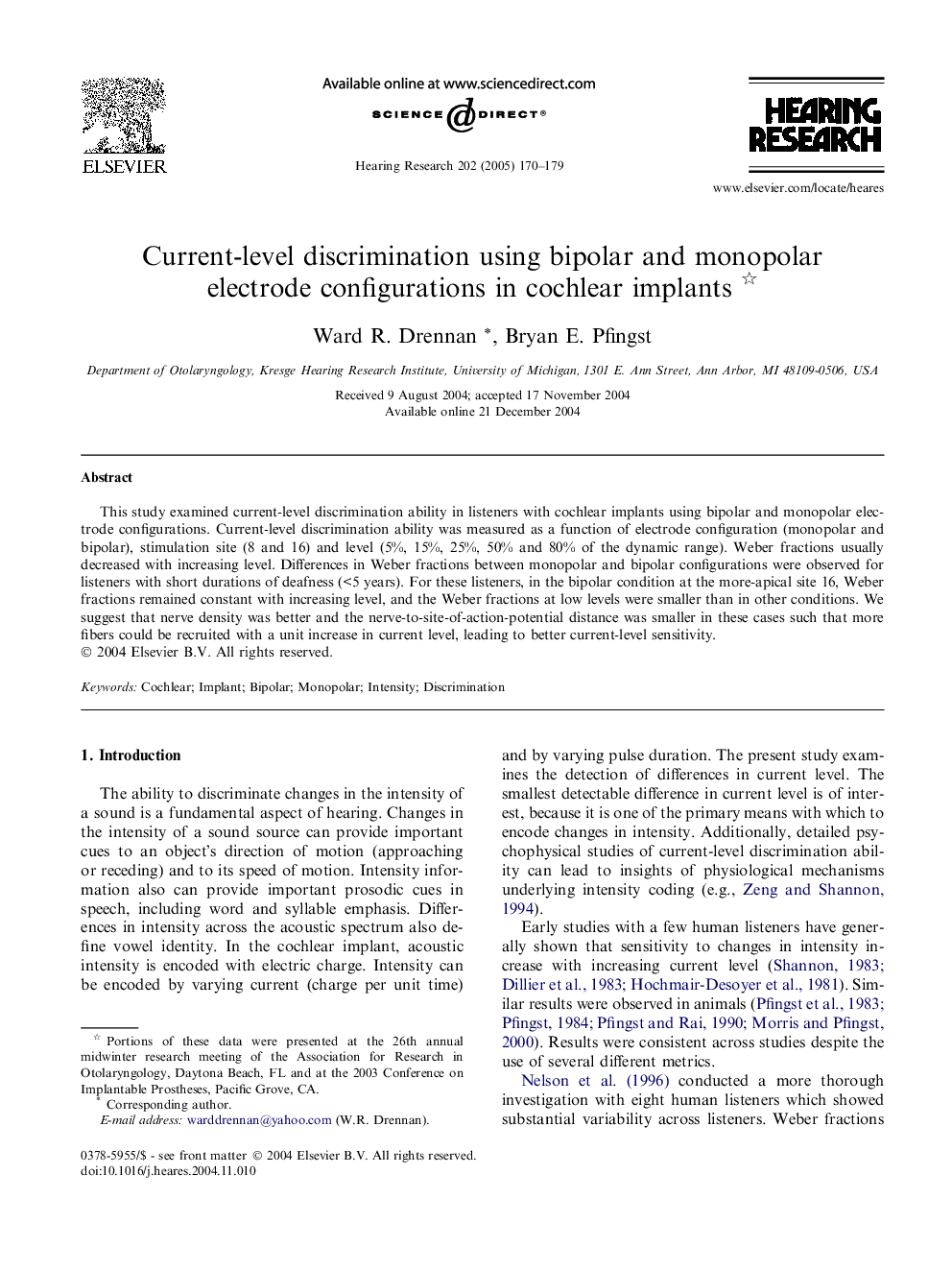 Current-level discrimination using bipolar and monopolar electrode configurations in cochlear implants