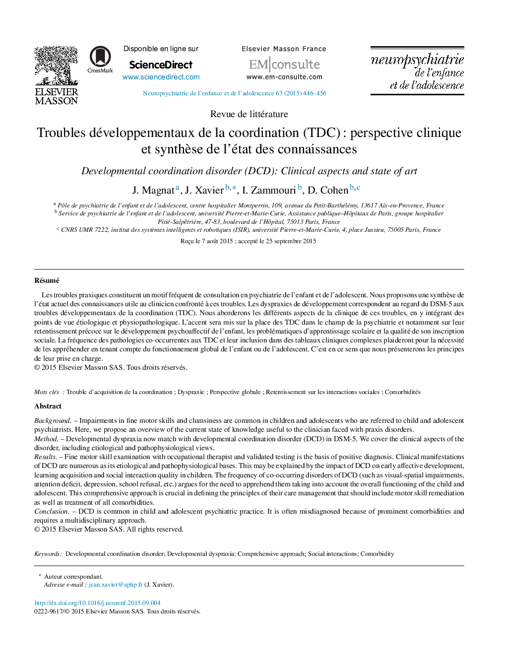 Troubles développementaux de la coordination (TDC) : perspective clinique et synthèse de l’état des connaissances