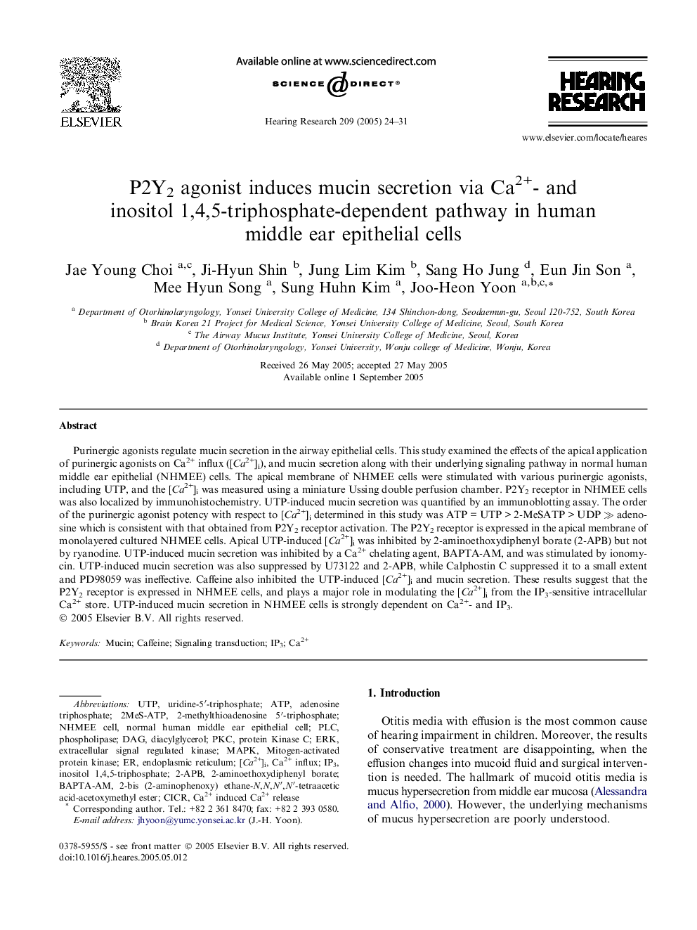 P2Y2 agonist induces mucin secretion via Ca2+- and inositol 1,4,5-triphosphate-dependent pathway in human middle ear epithelial cells