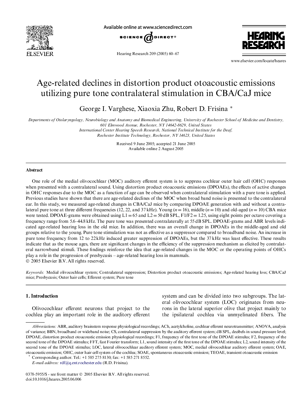 Age-related declines in distortion product otoacoustic emissions utilizing pure tone contralateral stimulation in CBA/CaJ mice