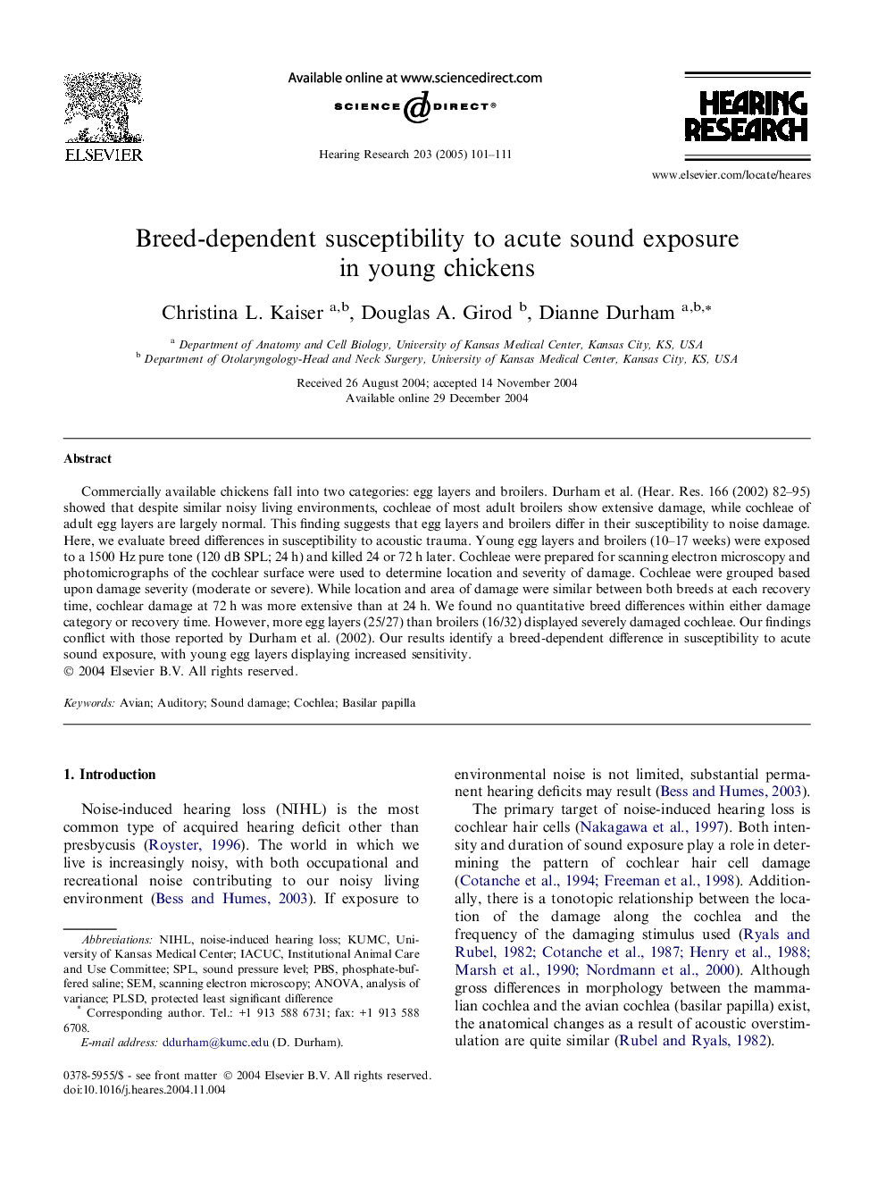 Breed-dependent susceptibility to acute sound exposure in young chickens