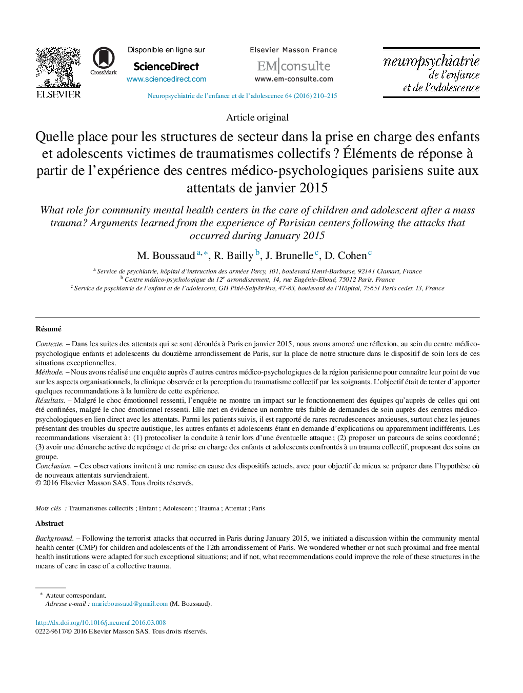 Quelle place pour les structures de secteur dans la prise en charge des enfants et adolescents victimes de traumatismes collectifs ? Éléments de réponse à partir de l’expérience des centres médico-psychologiques parisiens suite aux attentats de janvier 20