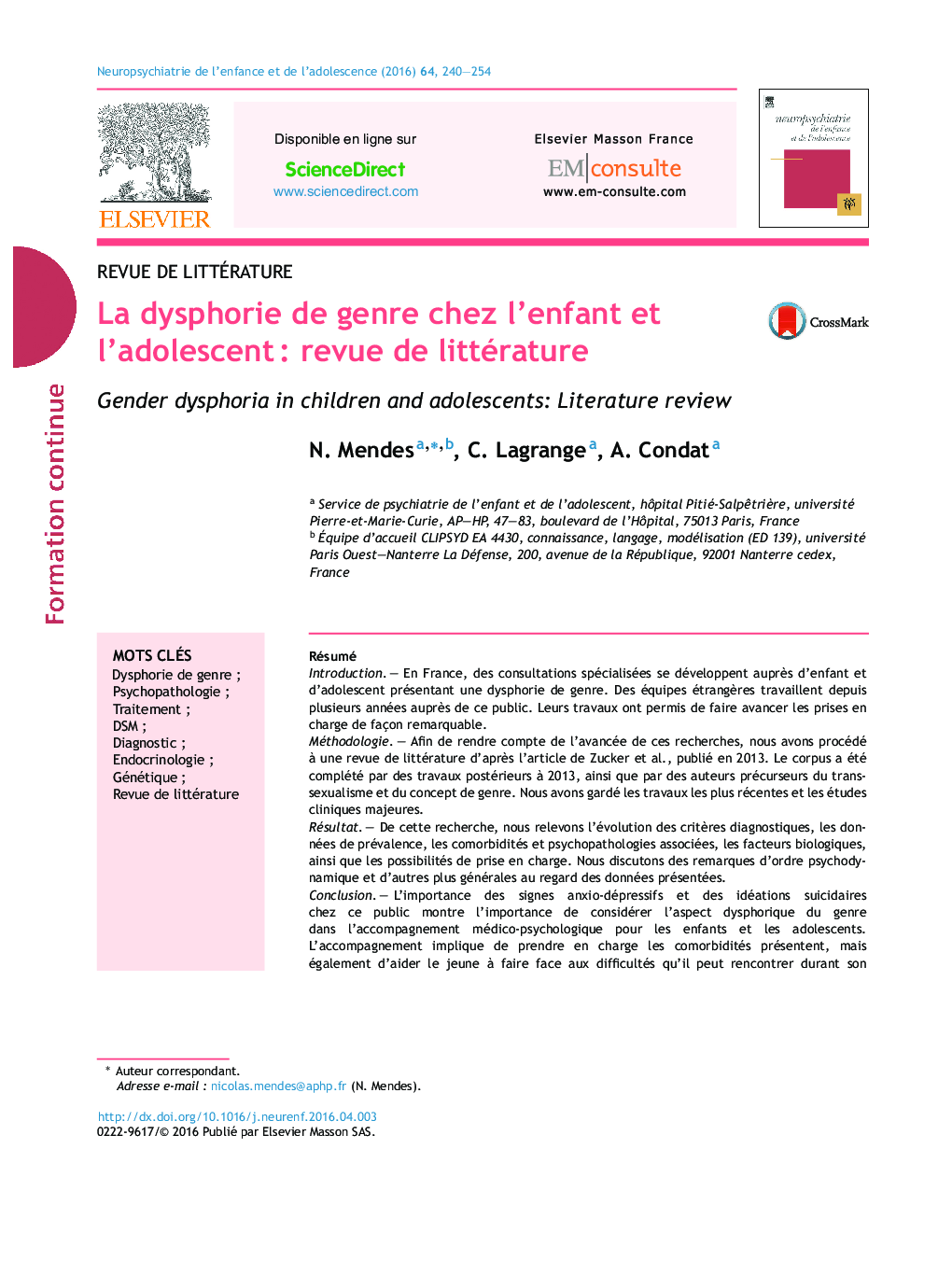 La dysphorie de genre chez l’enfant et l’adolescent : revue de littérature