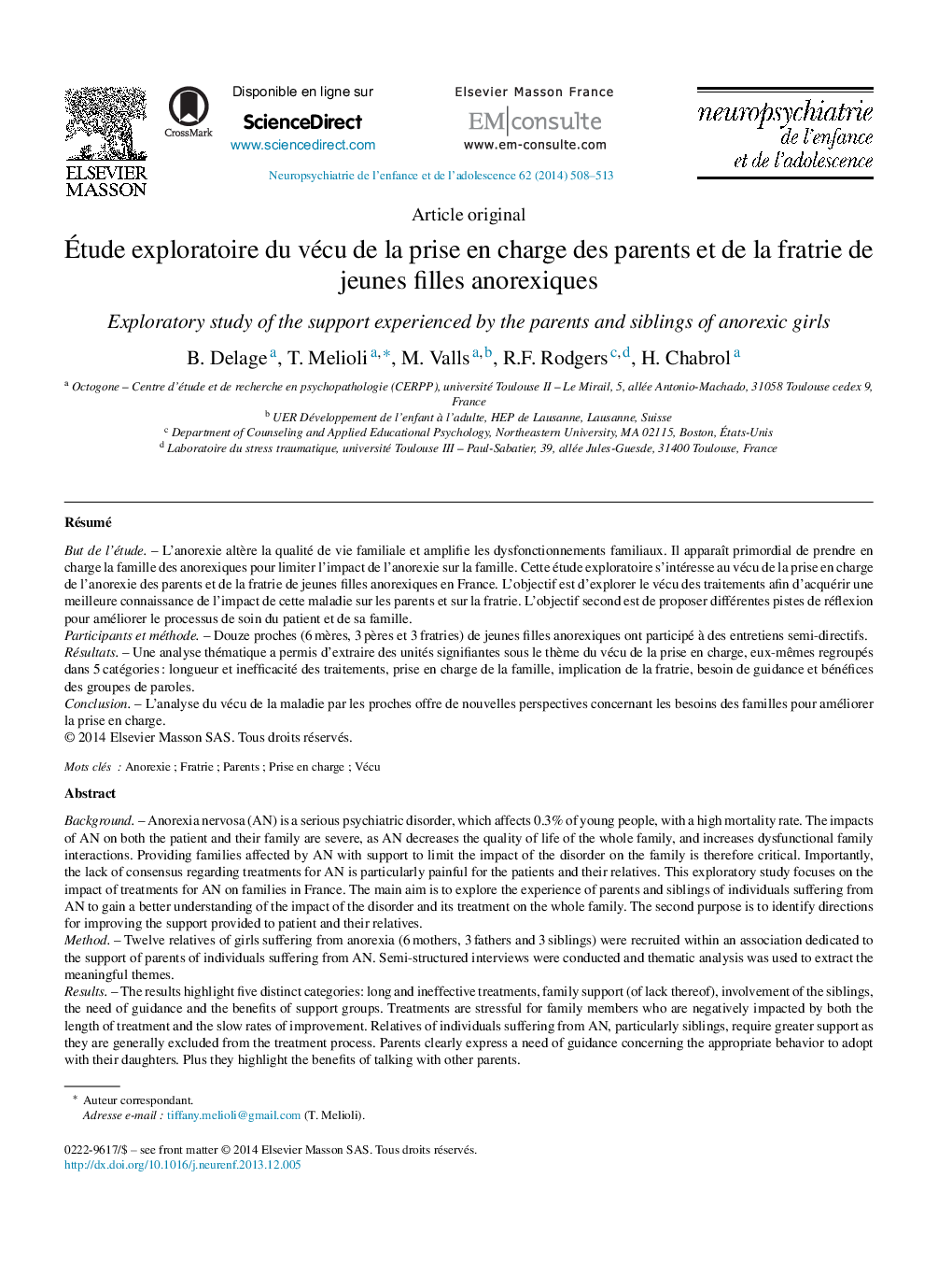 Étude exploratoire du vécu de la prise en charge des parents et de la fratrie de jeunes filles anorexiques