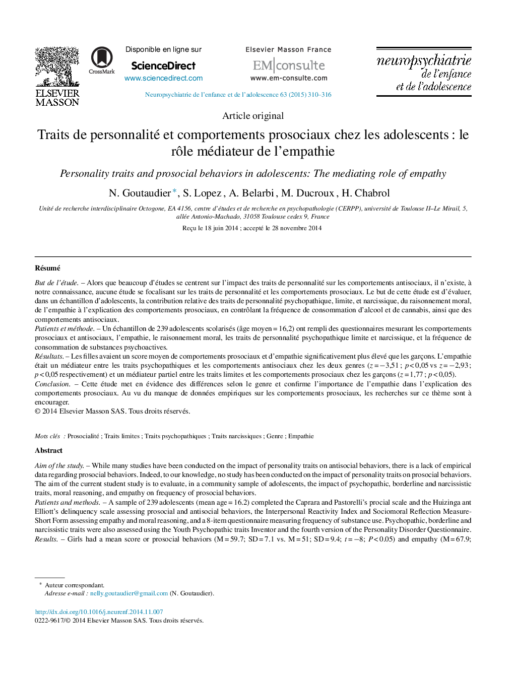 Traits de personnalité et comportements prosociaux chez les adolescents : le rôle médiateur de l’empathie