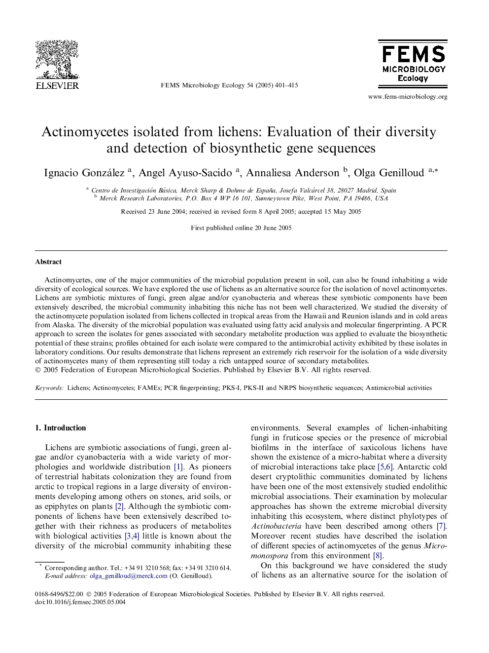 Actinomycetes isolated from lichens: Evaluation of their diversity and detection of biosynthetic gene sequences