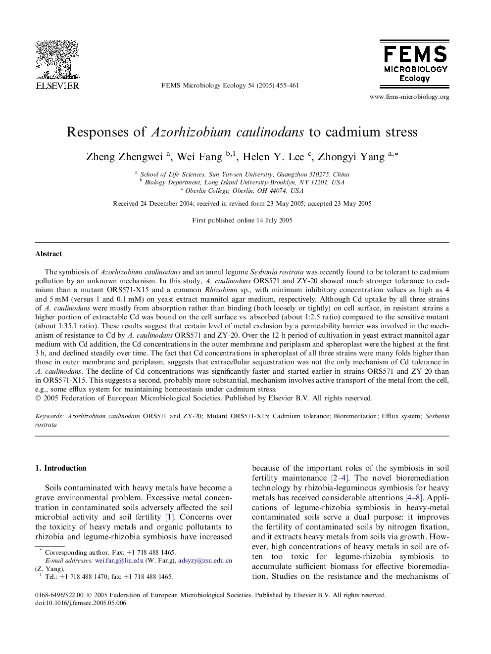 Responses of Azorhizobium caulinodans to cadmium stress