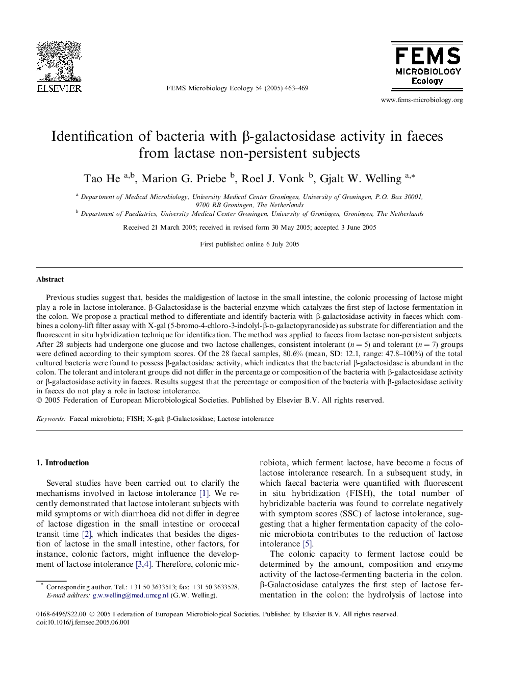 Identification of bacteria with Î²-galactosidase activity in faeces from lactase non-persistent subjects