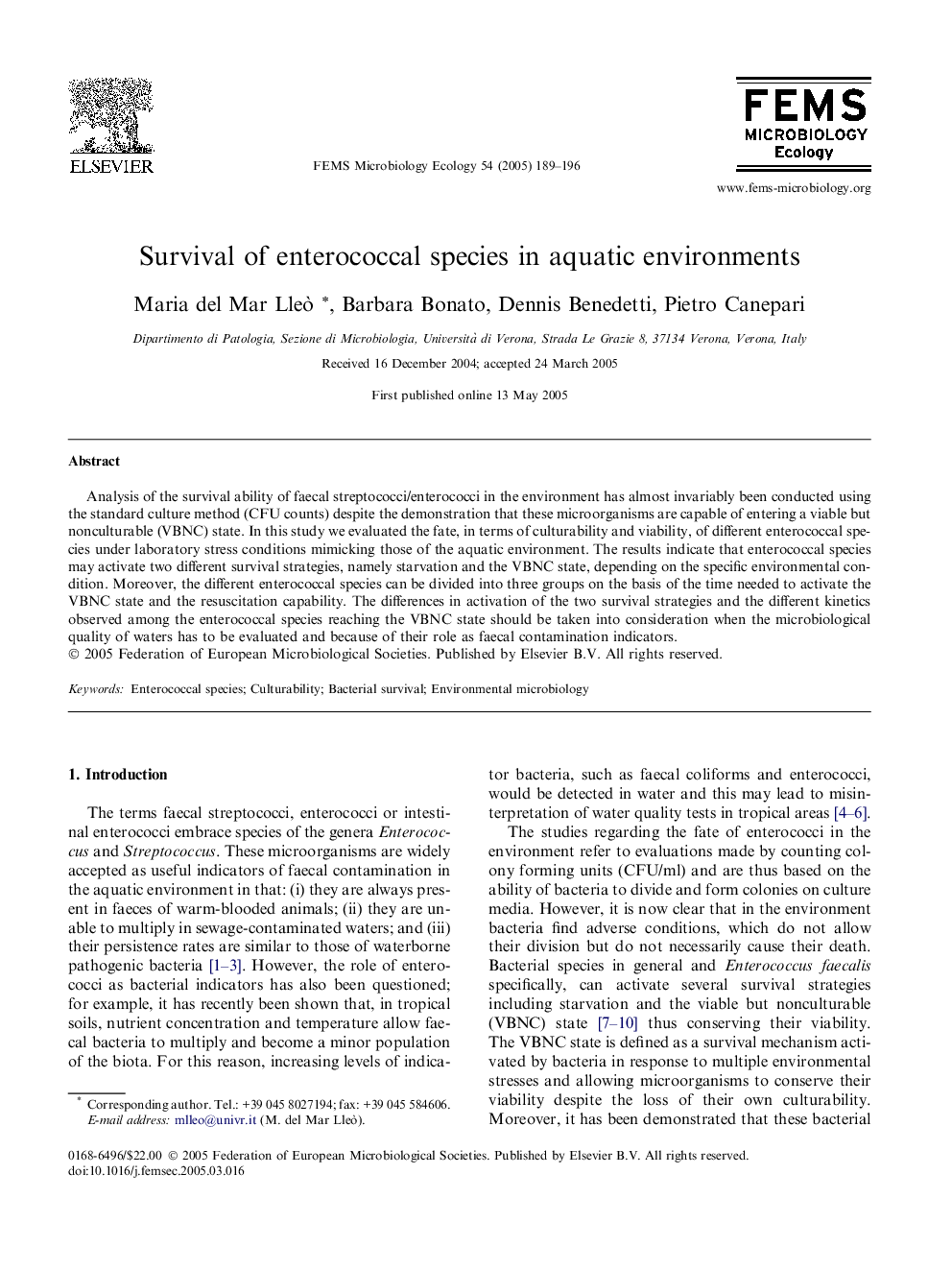 Survival of enterococcal species in aquatic environments