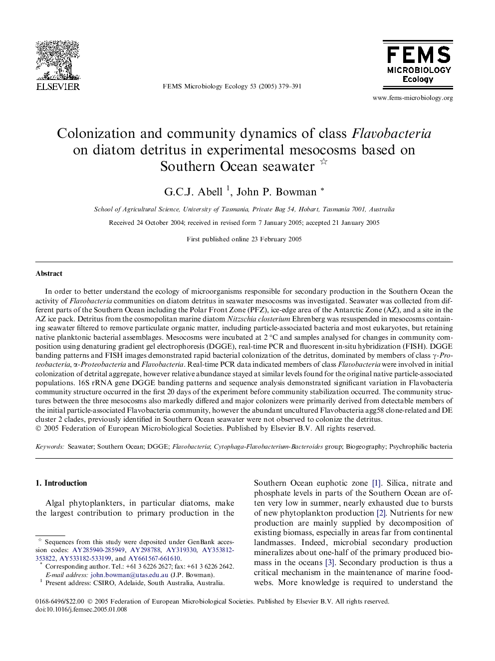 Colonization and community dynamics of class Flavobacteria on diatom detritus in experimental mesocosms based on Southern Ocean seawater