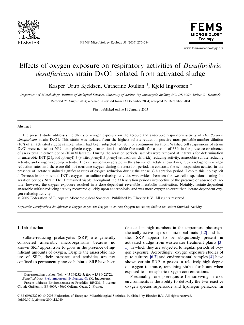 Effects of oxygen exposure on respiratory activities of Desulfovibrio desulfuricans strain DvO1 isolated from activated sludge