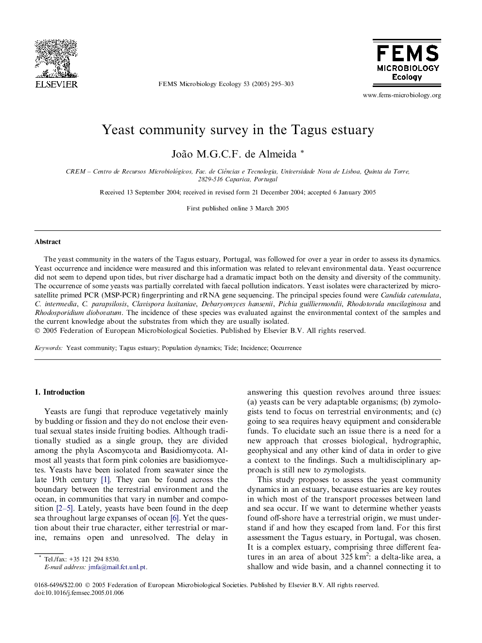 Yeast community survey in the Tagus estuary