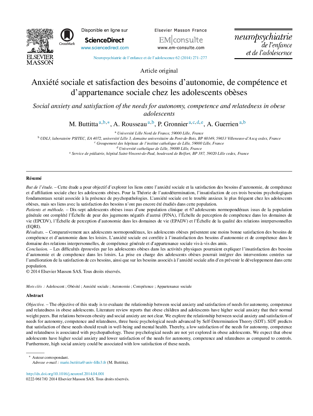 Anxiété sociale et satisfaction des besoins d’autonomie, de compétence et d’appartenance sociale chez les adolescents obèses