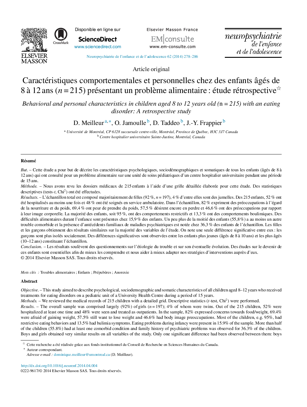 Caractéristiques comportementales et personnelles chez des enfants âgés de 8 à 12 ans (n = 215) présentant un problème alimentaire : étude rétrospective 