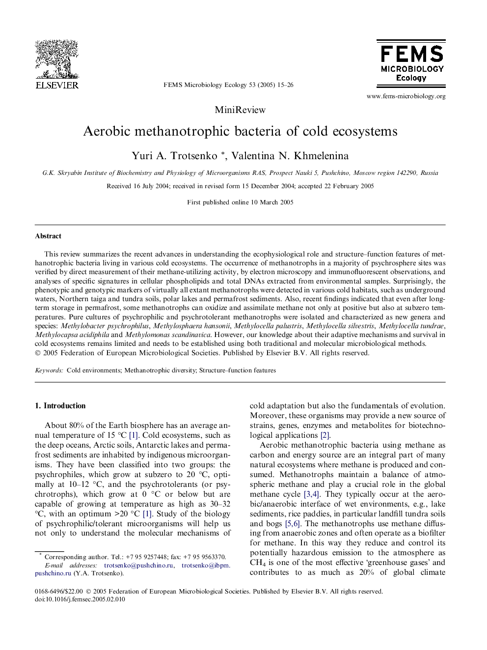 Aerobic methanotrophic bacteria of cold ecosystems